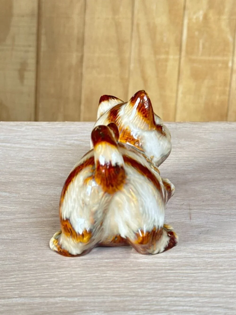 Vintage Ceramic Cat Figurine Brown & Orange Striped Glazed Collectible